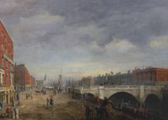 Early 19th century Irish School View of Carlisle Bridge and Sackville Street, Dublinoil on