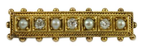 An early 20th century gold, three stone diamond and four stone split pearl set bar brooch, 44mm,