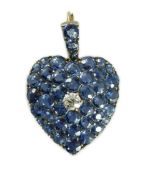 A late 19th/early 20th century gold and silver, sapphire and diamond heart shaped cluster pendant,