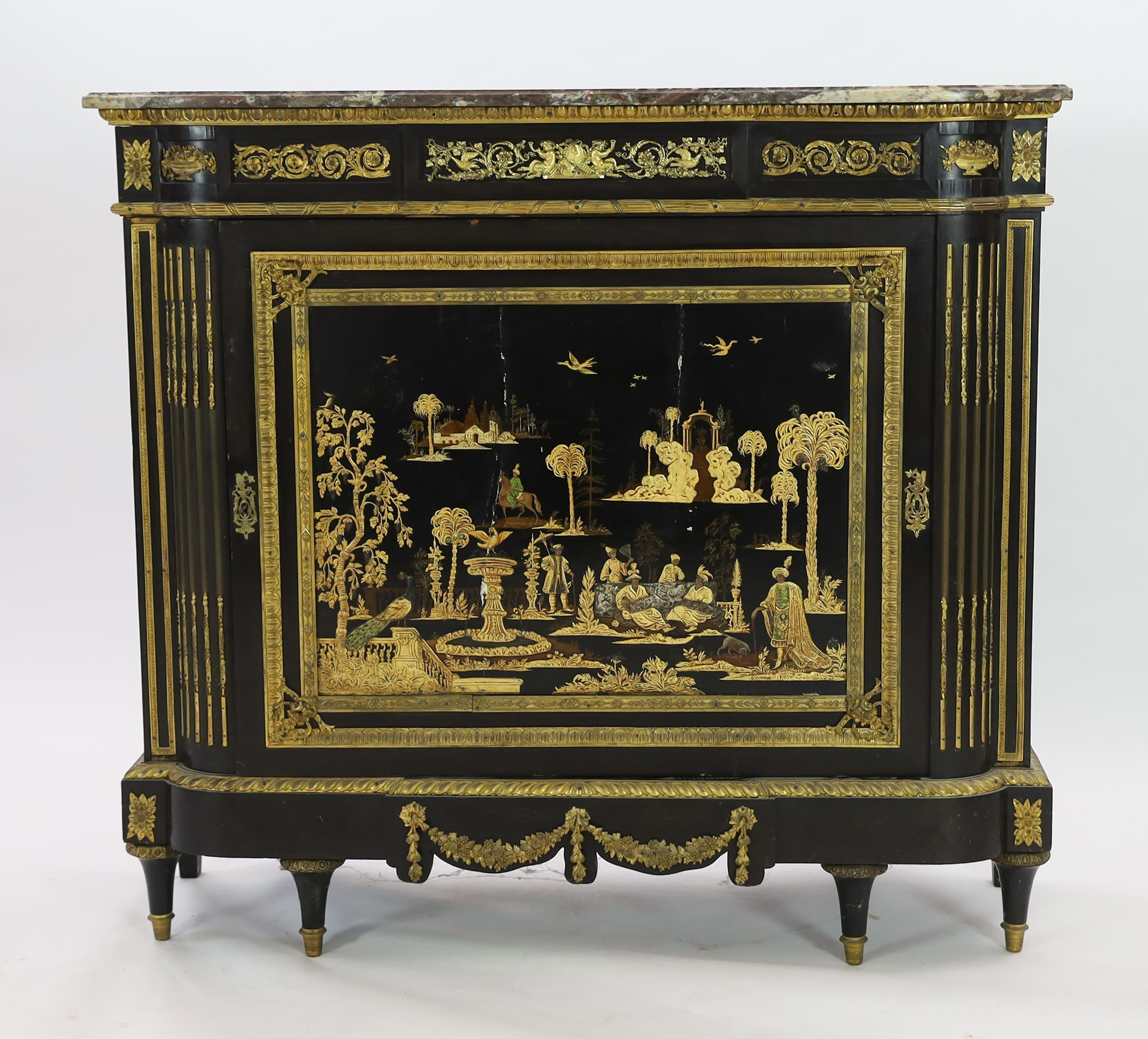 A 19th century French Louis XVI style ormolu mounted ebonised side cabinet, with breakfront rouge - Image 2 of 5