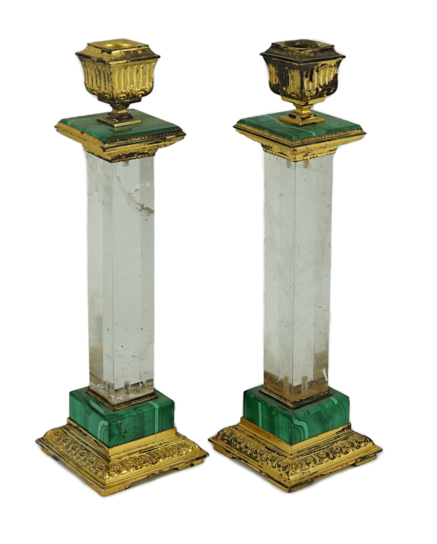 A pair of 20th century Italian 800 standard silver gilt and malachite mounted rock crystal