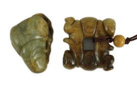 Two Chinese jade carvings, Ming dynasty or later the first a green and russet jade carving of