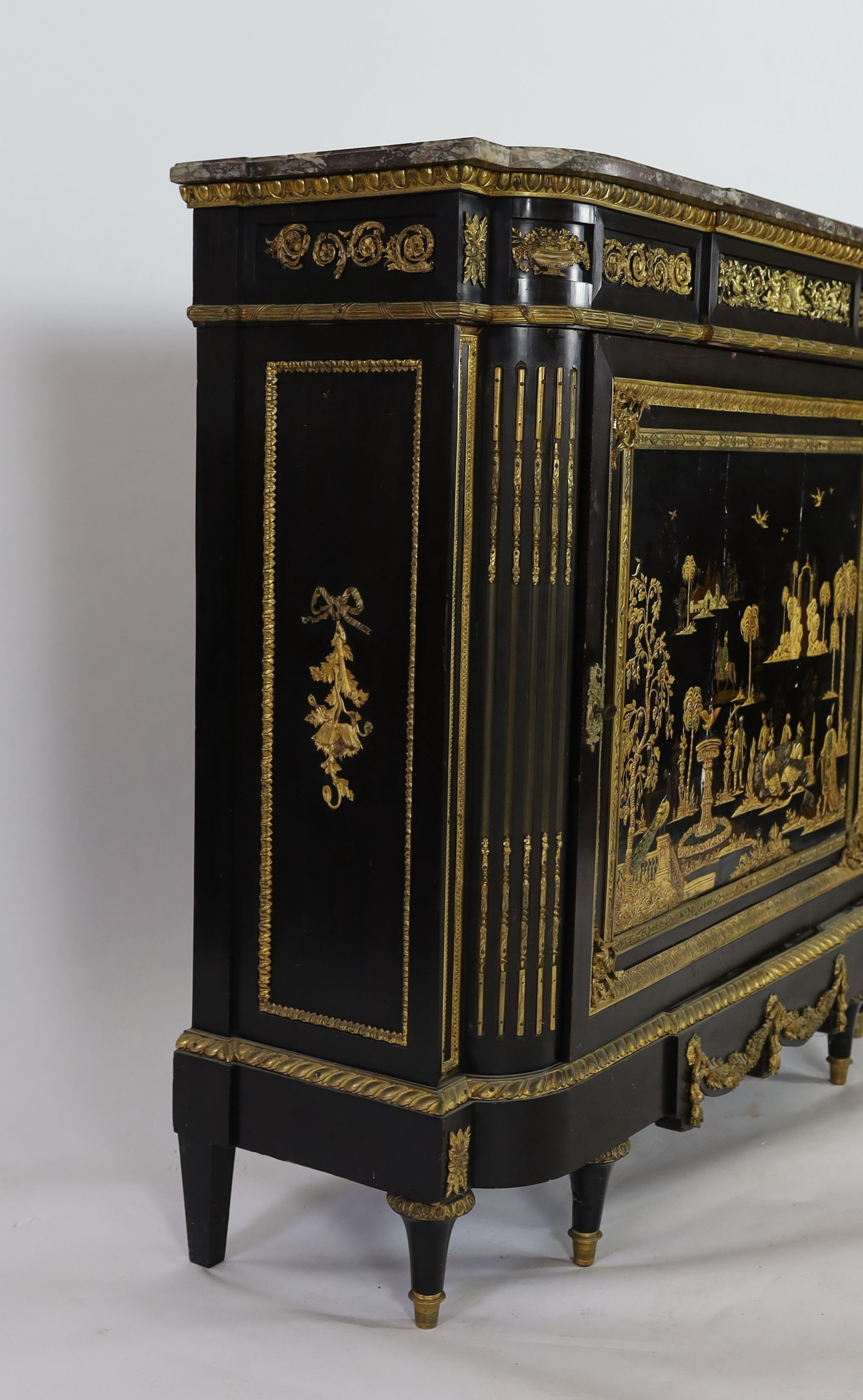 A 19th century French Louis XVI style ormolu mounted ebonised side cabinet, with breakfront rouge - Image 4 of 5