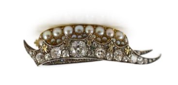 A Victorian gold and silver, diamond and split pearl set brooch, modelled as a 'chapeau gules turned