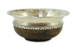 A George V Arts & Crafts planished silver mounted Mazar bowl, by Albert Edward Jones, diameter 14cm,