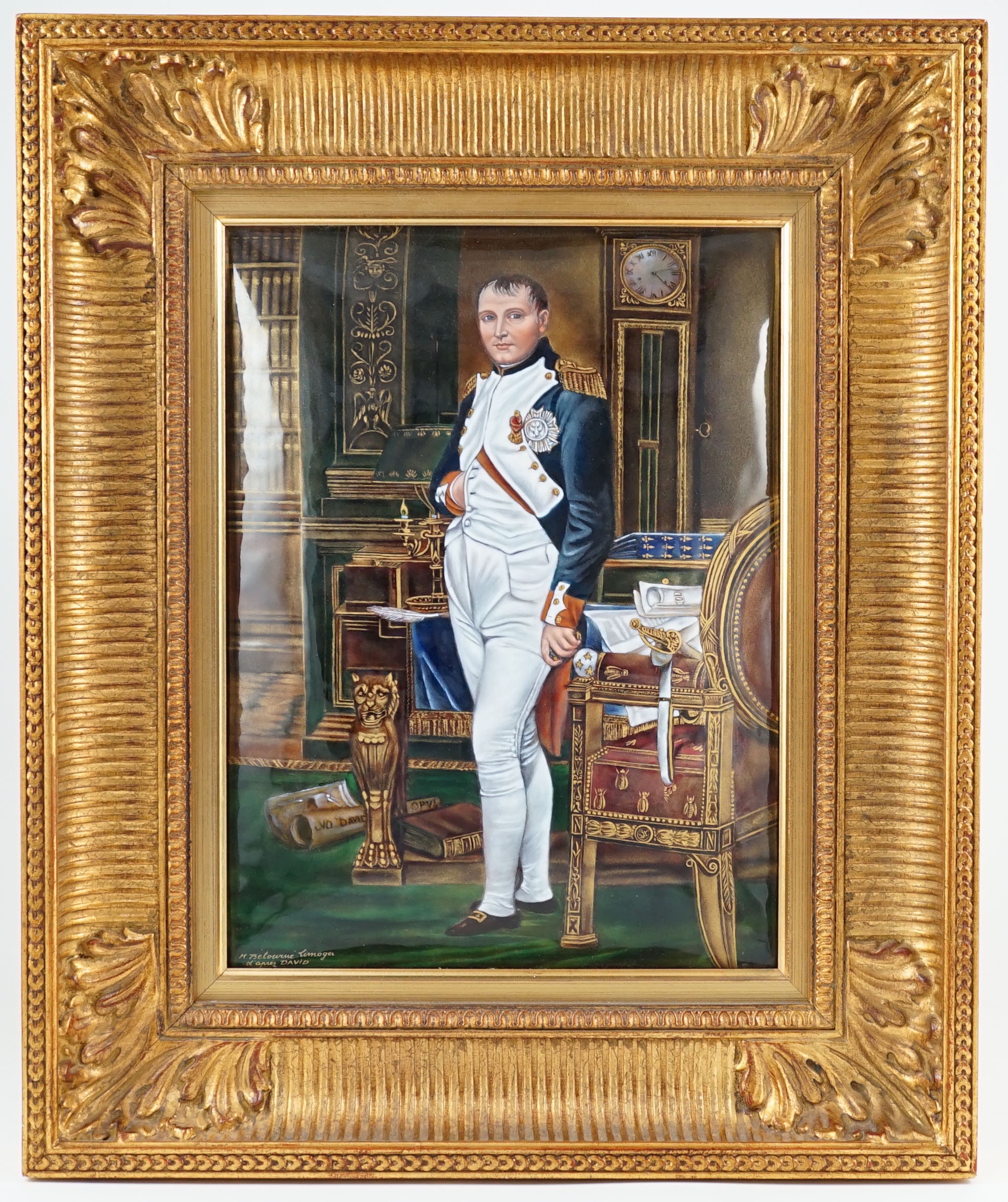 A Limoges enamel plaque of Napoleon, standing in his study, signed by M. Betowine after David, 33.