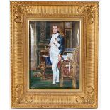 A Limoges enamel plaque of Napoleon, standing in his study, signed by M. Betowine after David, 33.