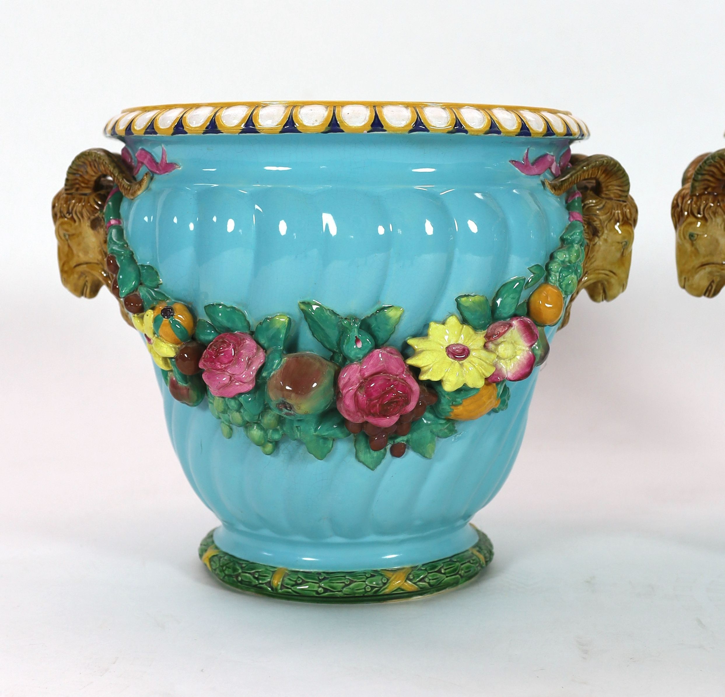 A pair of Minton classical revival majolica jardinieres, late 19th century, each gadrooned and - Image 2 of 5