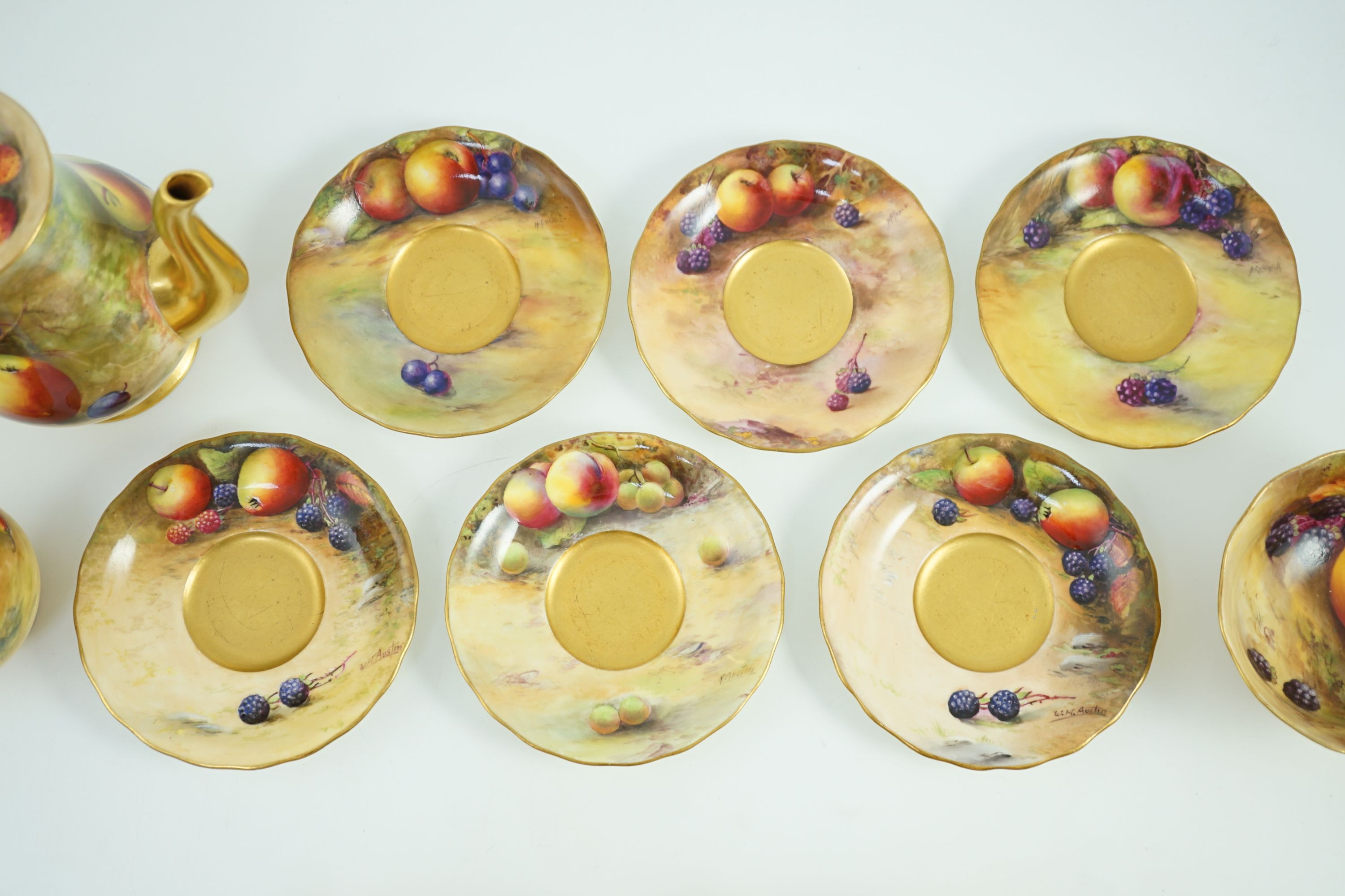 A Royal Worcester fruit painted coffee set, c.1924/25, painted by H N Price, W H and R. Austin, H. - Image 7 of 13