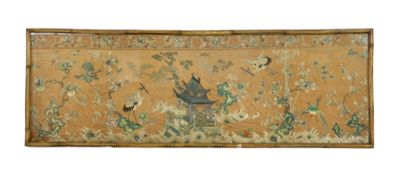 A Chinese apricot ground embroidered silk table frontal, late Qing dynasty, finely worked with a