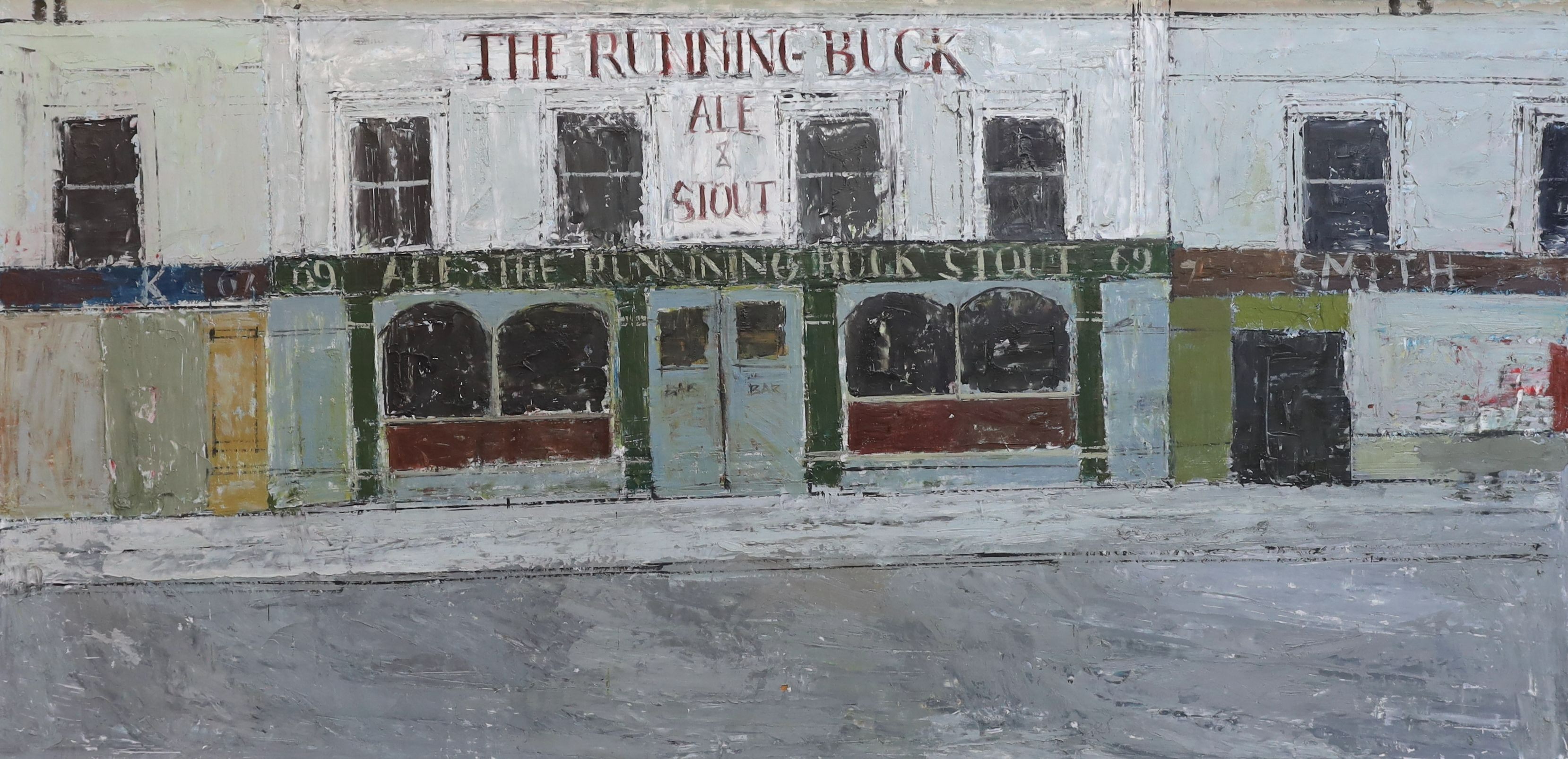 § § Brian Hagger (1935-2006) 'Façade'oil on boardsigned and dated 1964 verso60 x 121cmOil on board
