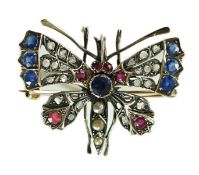 A Victorian gold and silver, diamond, ruby, sapphire and split pearl set butterfly brooch,