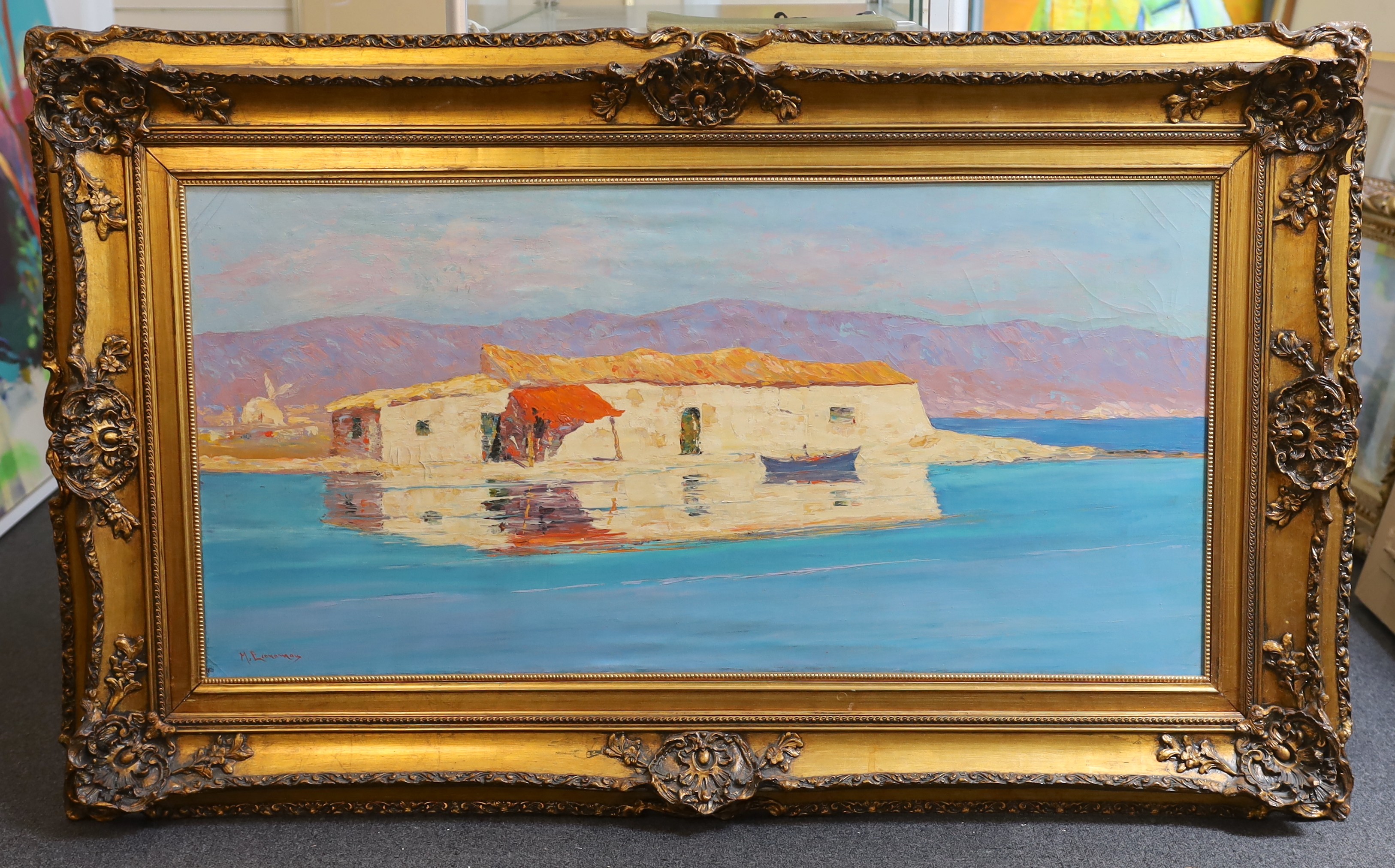 § § Michalis Economou (Greek 1888-1933) House and boat beside the sea ... 1912oil on canvassigned, - Image 2 of 6