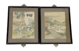 A pair of Chinese paintings on silk of ladies playing music and gardening, late 19th century,