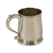 An early George II silver mug, London by Robert Lucas, with engraved initials to top of handle,