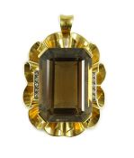 A modern 750 gold, emerald cut smoky quartz and diamond chip set oval pendant, 40mm, gross weight