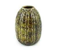 A Martin Brothers scale pattern ovoid small vase, dated 1910, covered in an olive green glaze,