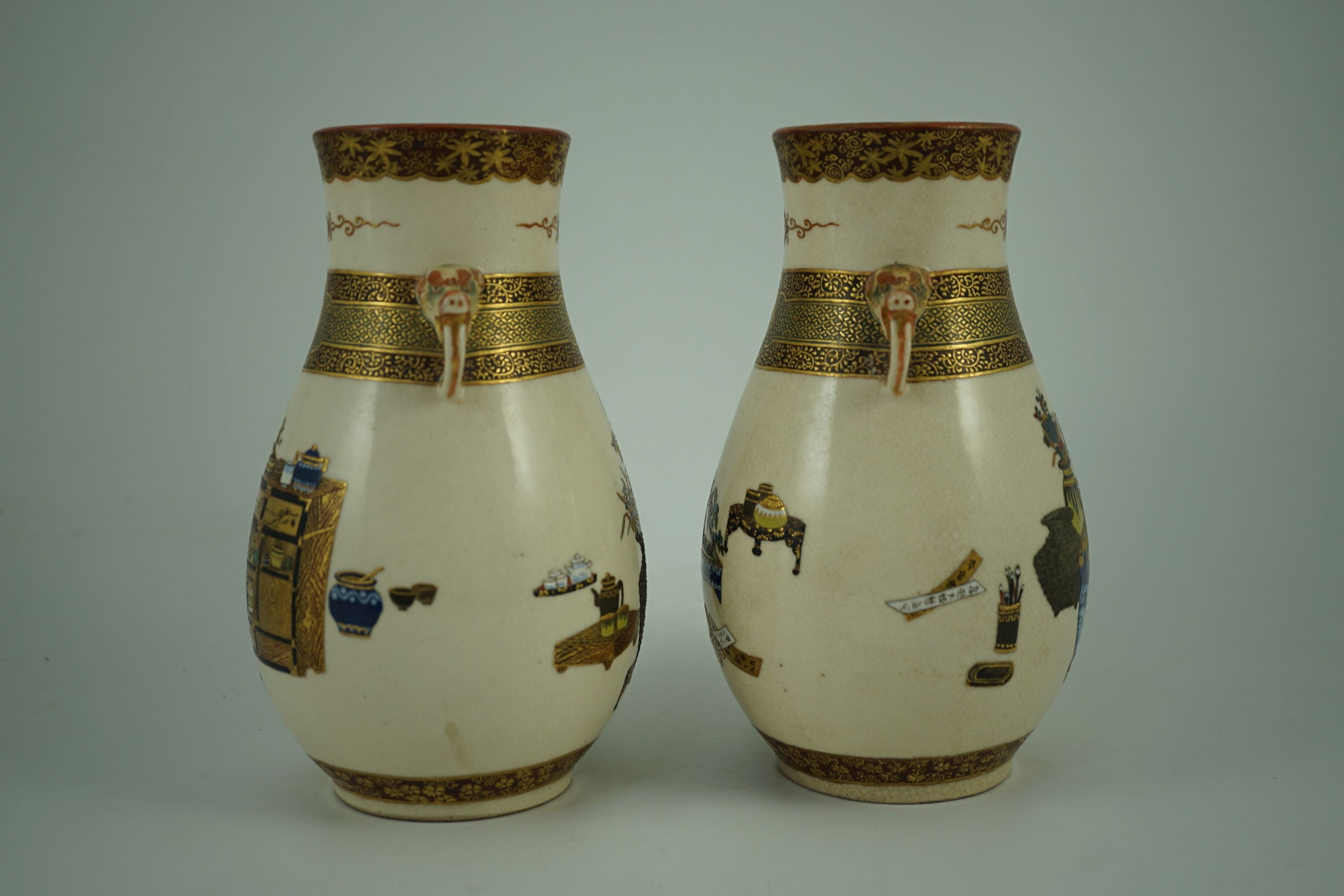 A pair of Japanese Satsuma pottery vases, by Bizan, Meiji period, of pear shape applied with a - Image 6 of 17