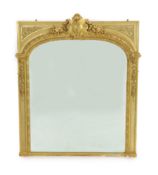 A late 19th century French carved giltwood wall mirror, of architectural overmantel form, with