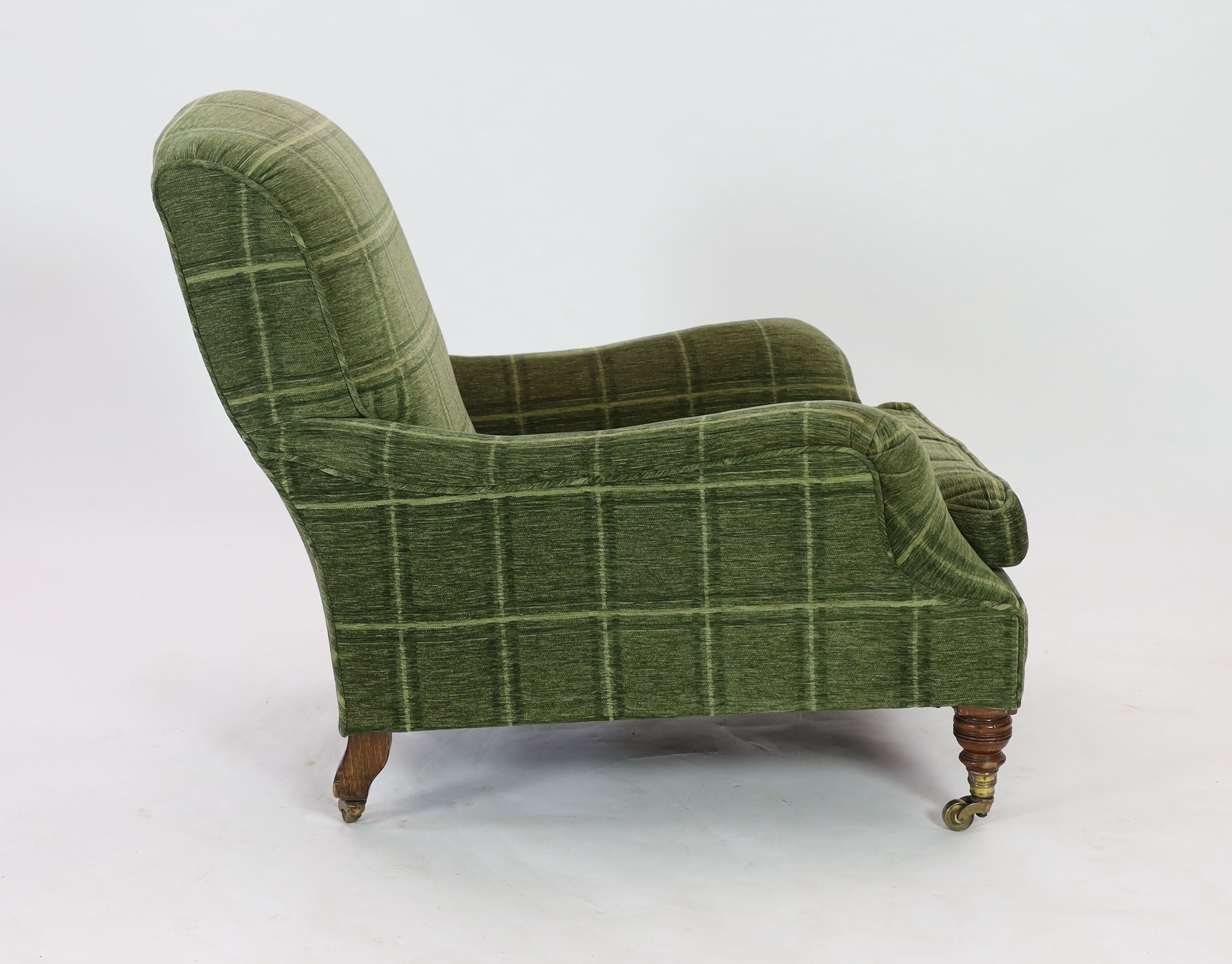 A Victorian Howard & Sons oak framed club armchair, upholstered in later checked green fabric, - Image 3 of 4