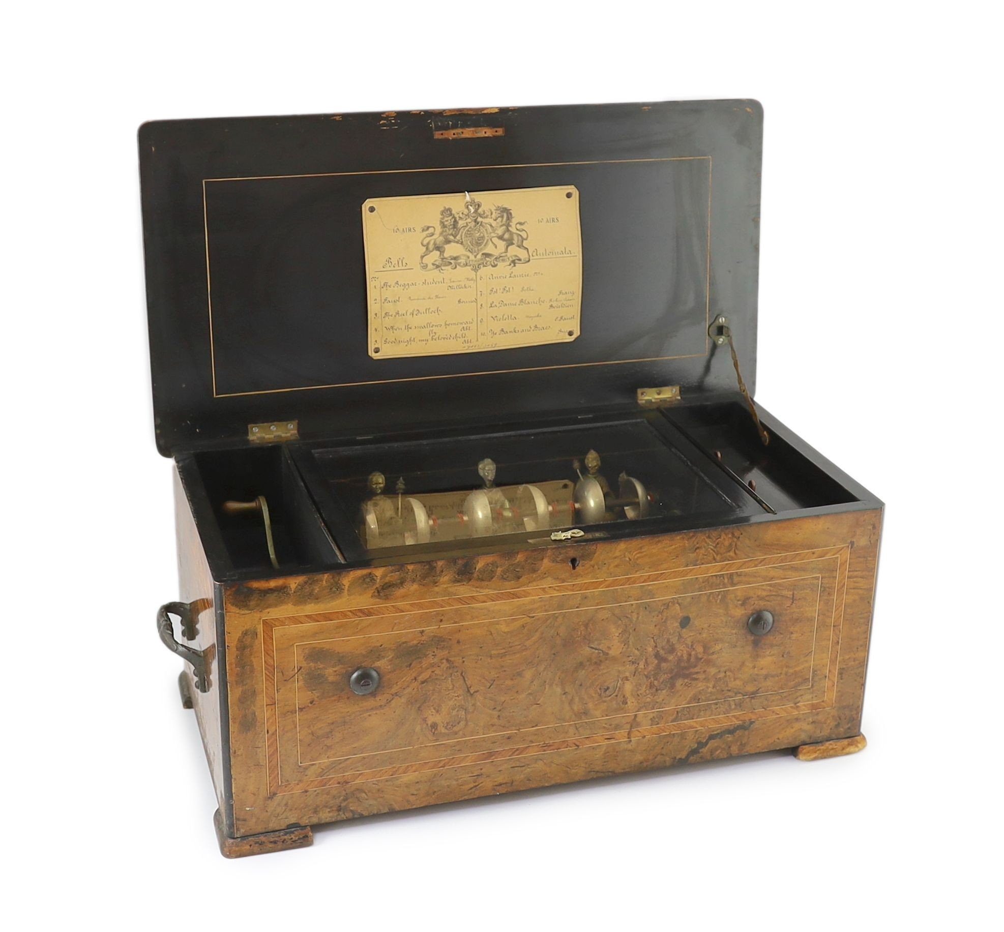 A 19th century Swiss ten air inlaid walnut musical box, in plain rectangular case, the movement with
