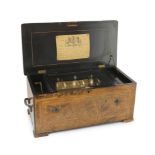 A 19th century Swiss ten air inlaid walnut musical box, in plain rectangular case, the movement with