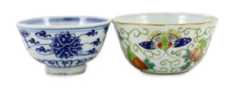 A Chinese enamelled porcelain ‘butterfly and melon’ cup, Republic period and a Chinese blue and