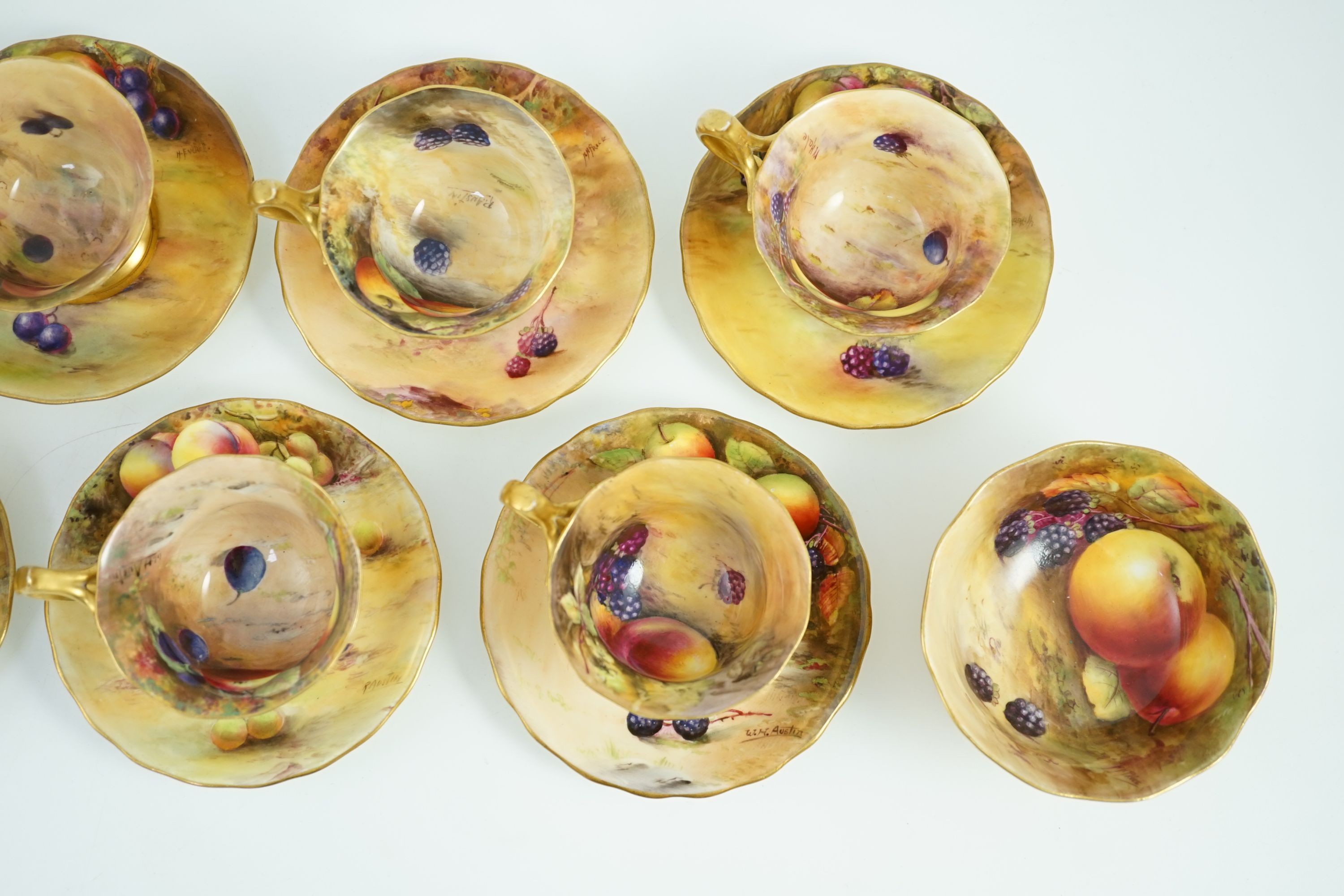 A Royal Worcester fruit painted coffee set, c.1924/25, painted by H N Price, W H and R. Austin, H. - Image 5 of 13