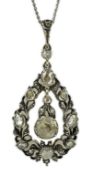 A 19th century continental gold, silver and old cut diamond set pear shaped drop pendant, on a