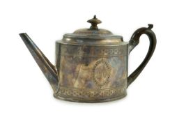 A George III silver oval teapot, by Hester Bateman, with engraved decoration and applied monogrammed