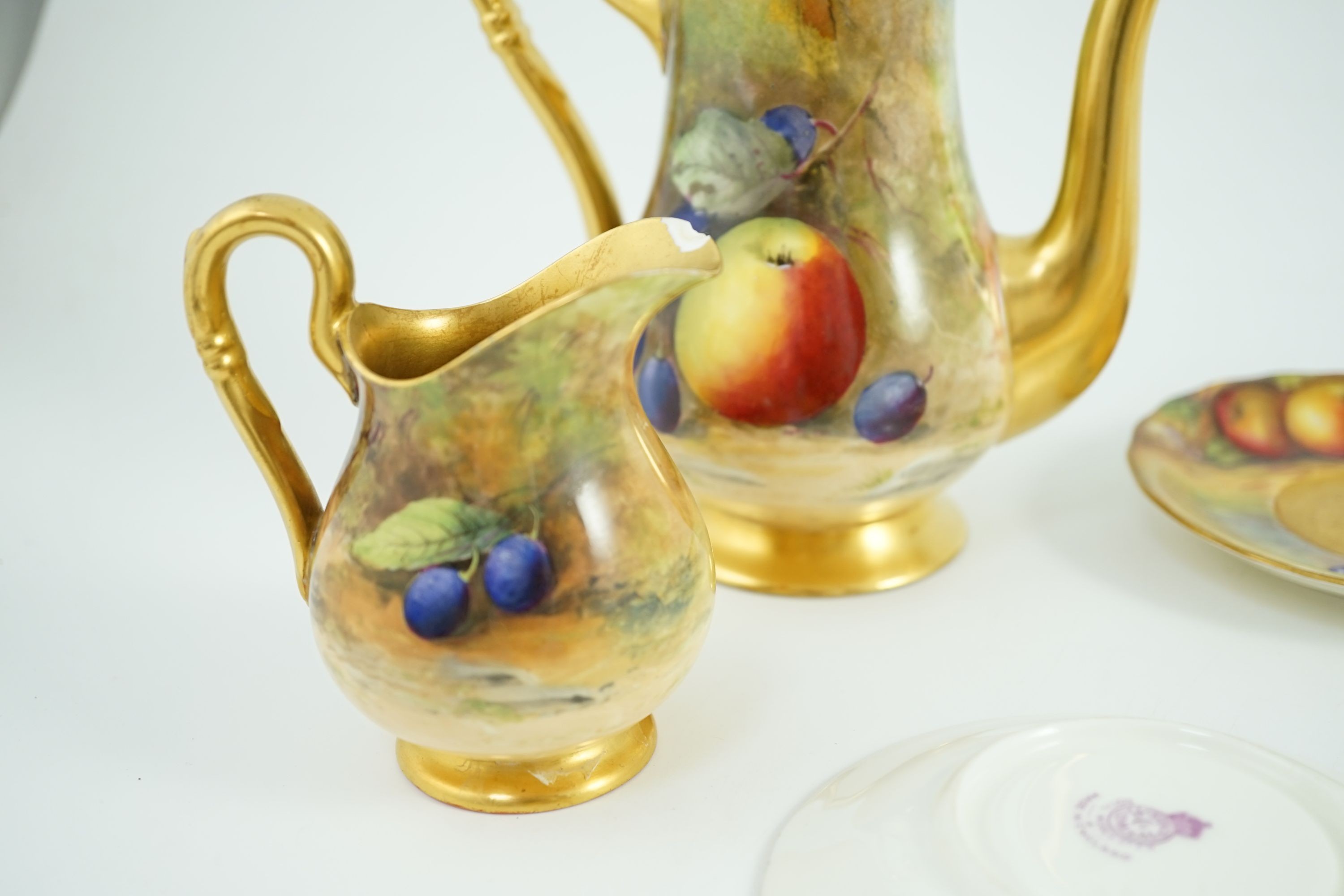A Royal Worcester fruit painted coffee set, c.1924/25, painted by H N Price, W H and R. Austin, H. - Image 10 of 13