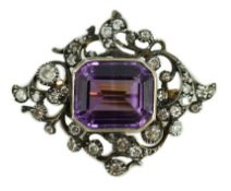 A Victorian gold and silver, emerald cut amethyst and diamond cluster set brooch, of quatrefoil