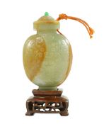 A Chinese archaistic green and russet jade miniature vase and cover, fanghu, 19th century, carved in
