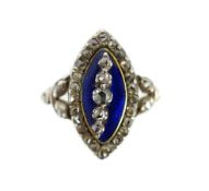 An 19th century gold, rose cut diamond and blue guilloche enamel set marquise shaped ring, with