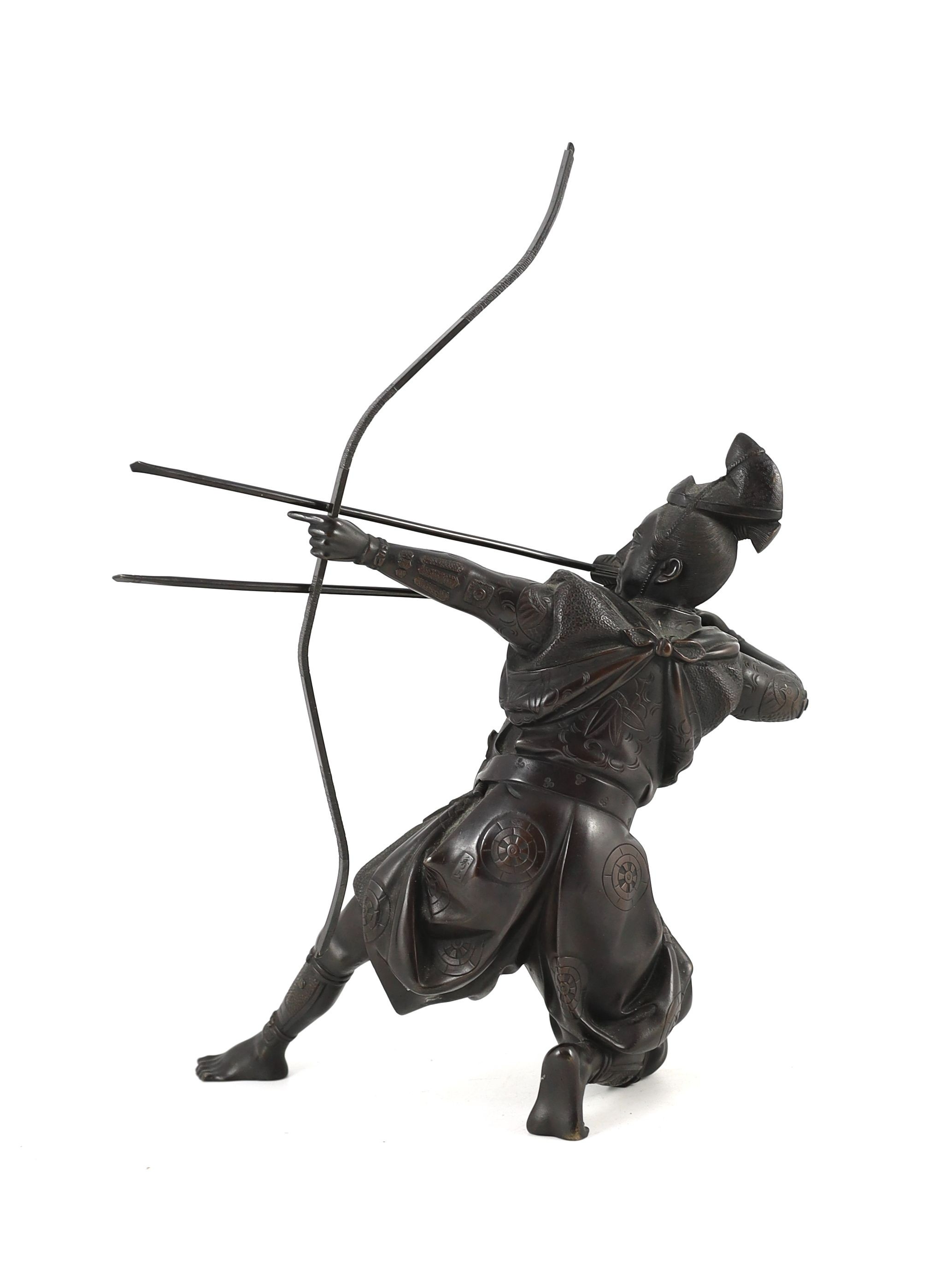 A Japanese bronze figure of a kneeling archer, Meiji period, signed to a raised tablet ‘…zan’ 40 - Image 4 of 7