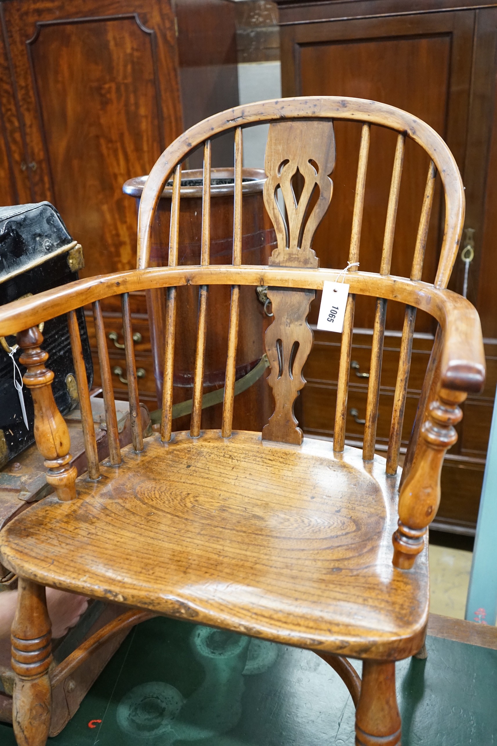 A Victorian yew and elm Windsor elbow chair, with crinoline stretcher, width 53cm, depth 44cm, - Image 2 of 2