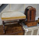 An 18th century walnut toilet mirror, height 56cm, a Victorian X frame stool and a skeleton framed