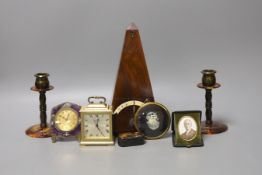 A 19th century rosewood metronome, faux ivory scale, together with other miscellaneous items (8)