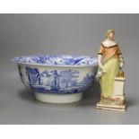 An early 19th century pearlware figure of a maiden, 24cm tall, and a Spode Italian bowl