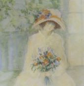 Barbara Abbott, limited edition print, Young woman holding flowers, 26 x 26cm