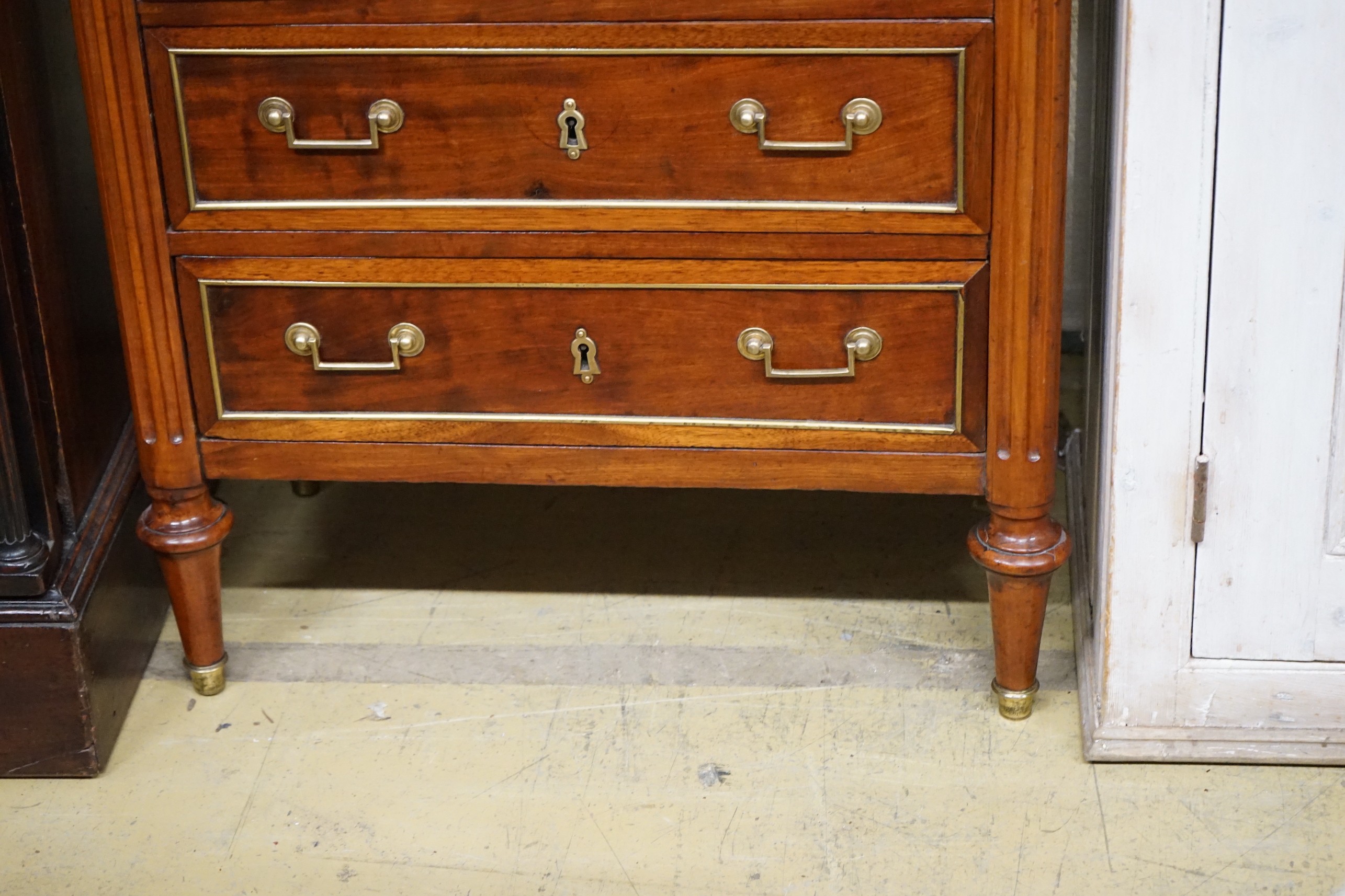 A late 19th/early 20th century French brass mounted mahogany marble top five drawer chest, width - Image 3 of 3