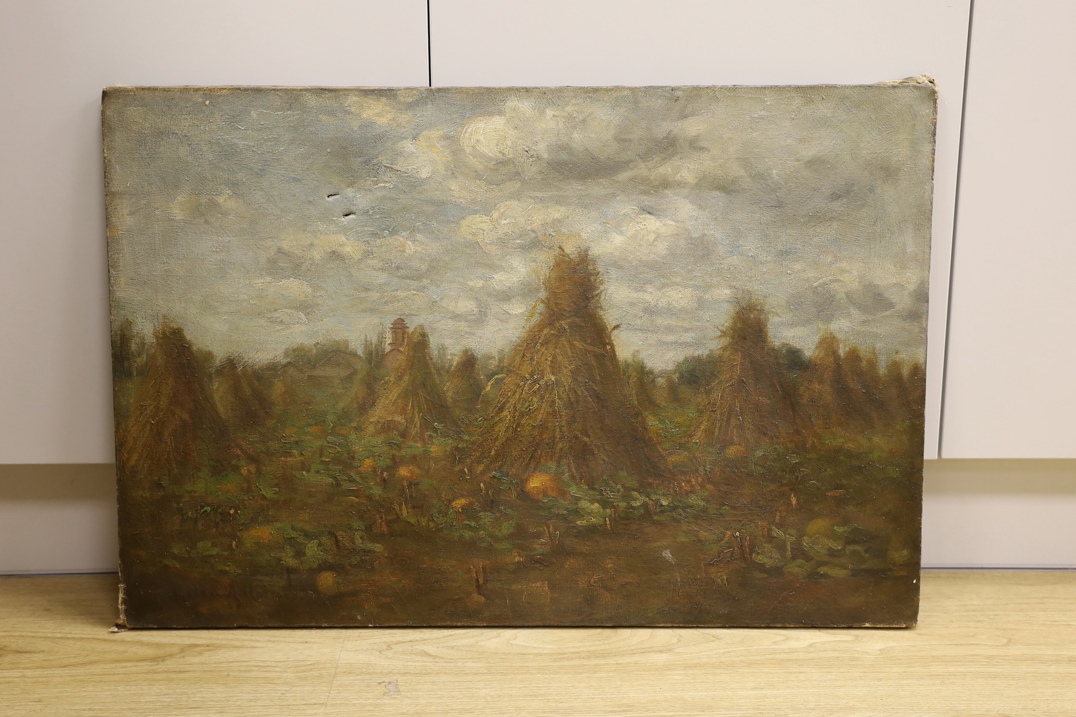 E.H. Holmes (19th C.), oil on canvas, Cornstacks and pumpkins in a field, signed and dated 1880, - Image 2 of 3