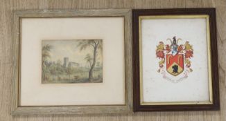 19th century English School, watercolour, View of a church, 12 x 17cm and an armorial illumination