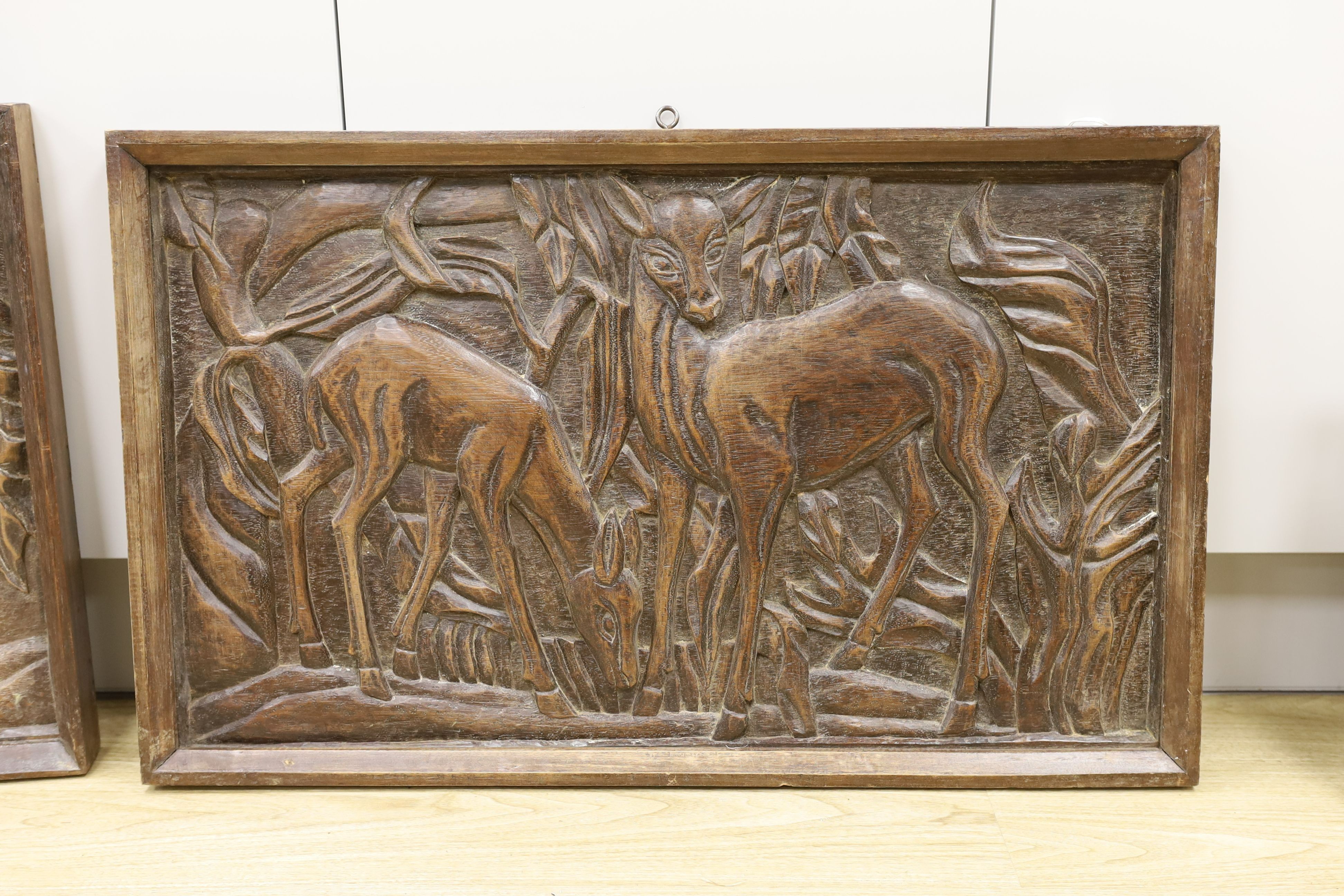 A pair of 1930's carved oak panels of deer grazing, 84 cms wide x 52 cms high. - Image 3 of 3