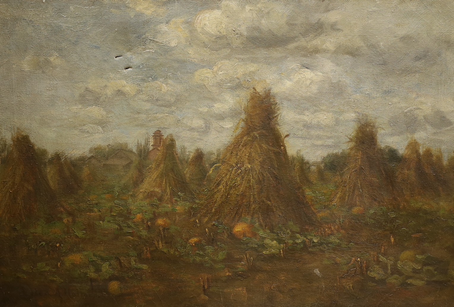 E.H. Holmes (19th C.), oil on canvas, Cornstacks and pumpkins in a field, signed and dated 1880,