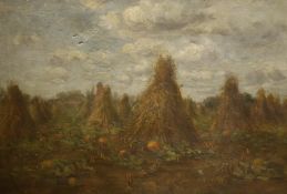 E.H. Holmes (19th C.), oil on canvas, Cornstacks and pumpkins in a field, signed and dated 1880,