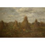 E.H. Holmes (19th C.), oil on canvas, Cornstacks and pumpkins in a field, signed and dated 1880,