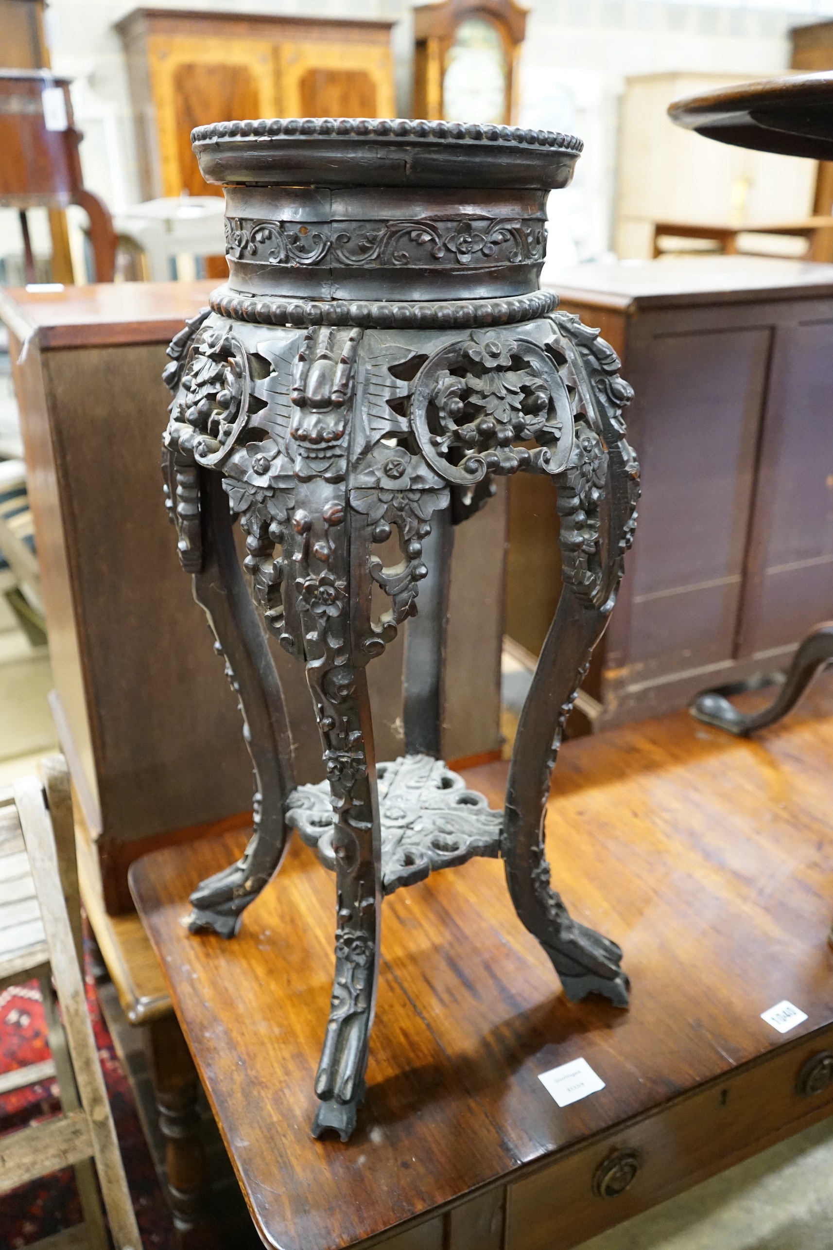 A Chinese carved hardwood marble topped vase stand, width 30cm, height 66cm - Image 3 of 4