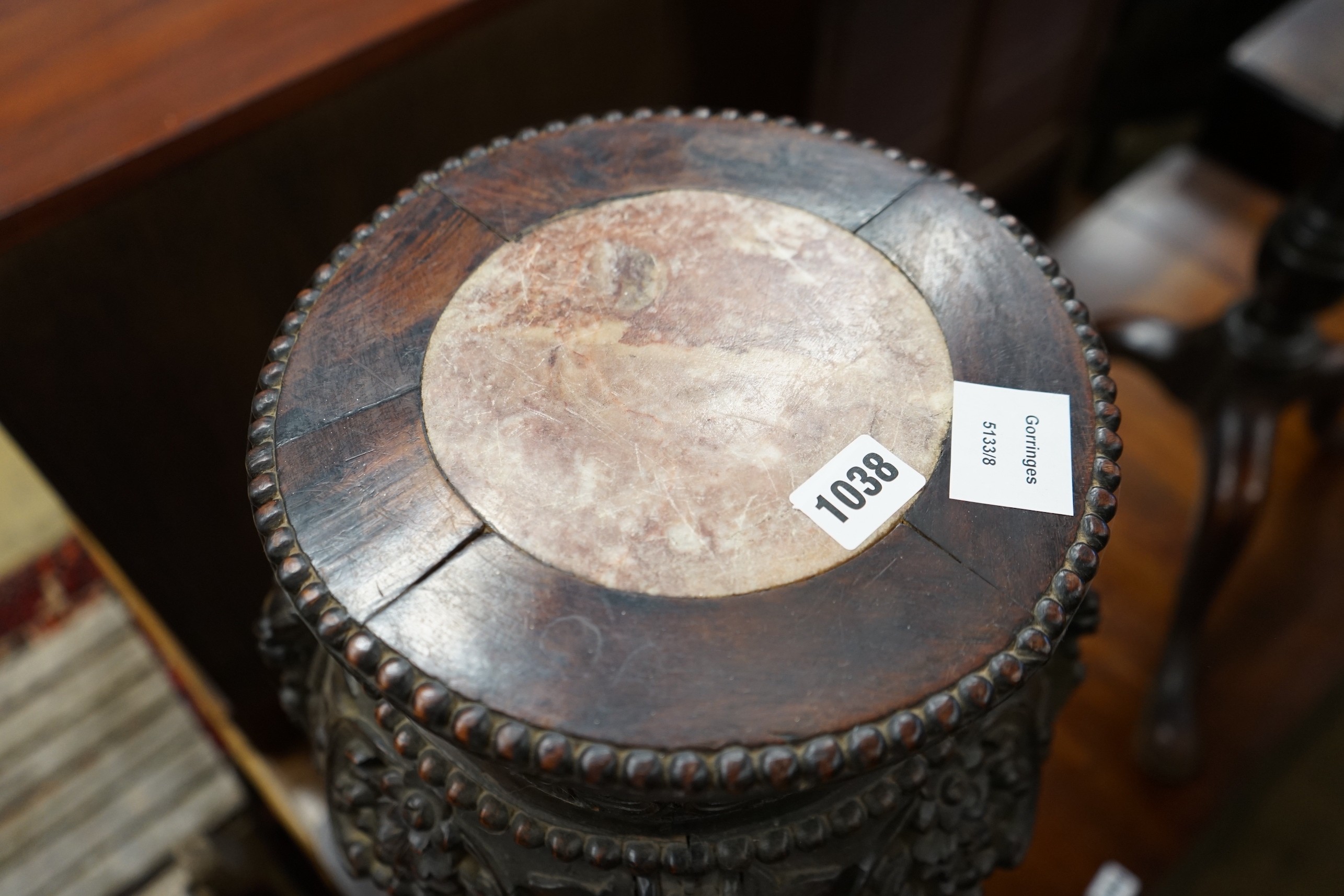 A Chinese carved hardwood marble topped vase stand, width 30cm, height 66cm - Image 2 of 4