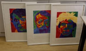 Modern British, three watercolours, 'Warhol 2013' and two similar works, indistinctly signed, 52 x